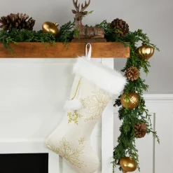 20" Cream with Gold Snowflakes Christmas Stocking with Faux Fur Cuff