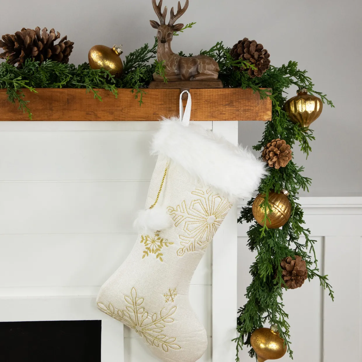 20" Cream with Gold Snowflakes Christmas Stocking with Faux Fur Cuff