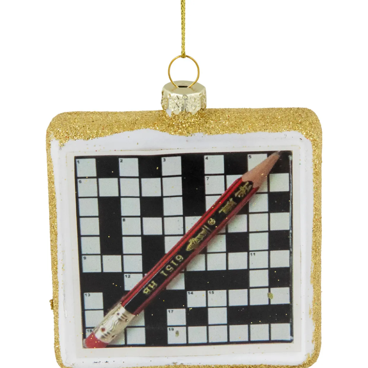 3.5" Crossword Puzzle with Pencil Glass Christmas Ornament