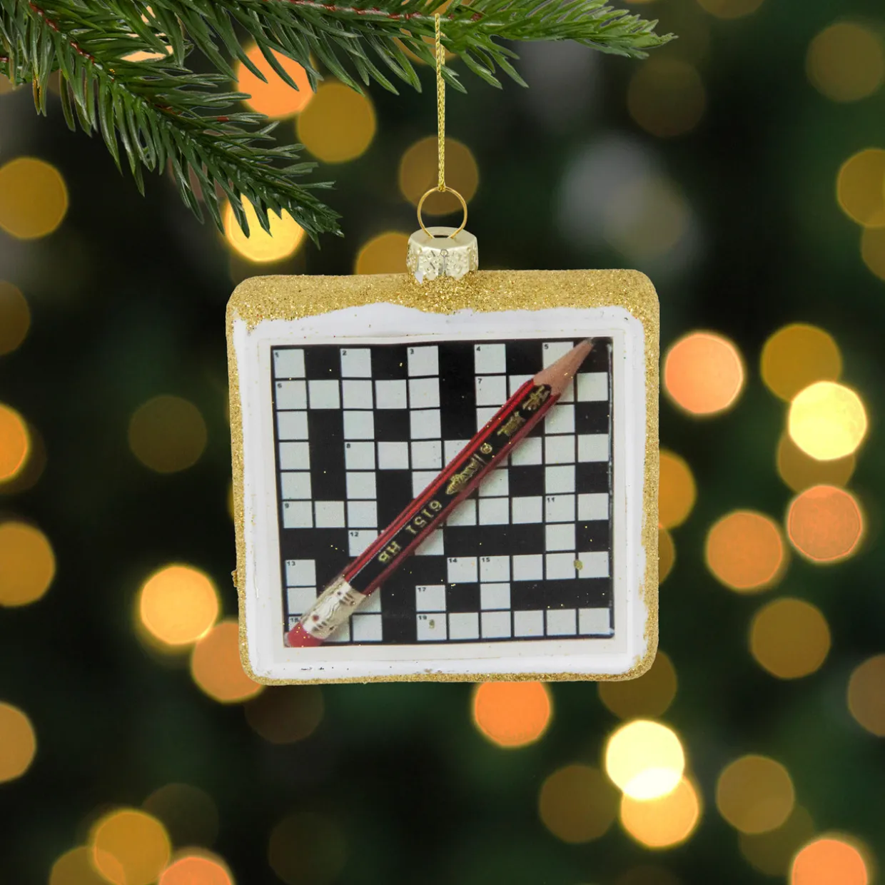 3.5" Crossword Puzzle with Pencil Glass Christmas Ornament