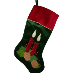 20" Dark Green and Burgundy Candle and Pine Cone Velveteen Christmas Stocking