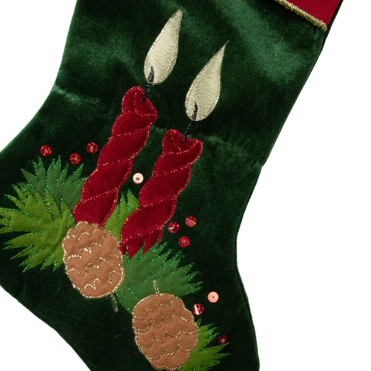 20" Dark Green and Burgundy Candle and Pine Cone Velveteen Christmas Stocking