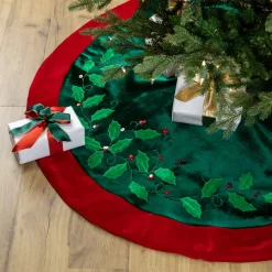 48" Dark Green Holly and Berry Velveteen Christmas Tree Skirt