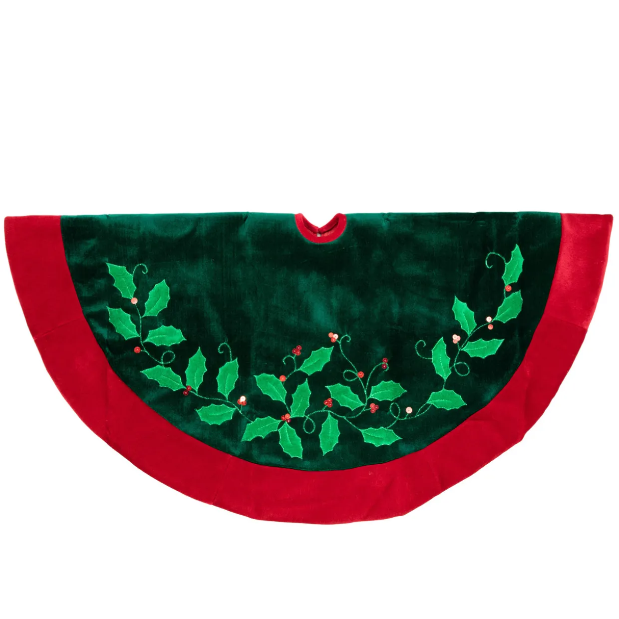 48" Dark Green Holly and Berry Velveteen Christmas Tree Skirt