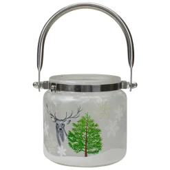 4" Deer, Pine and Snowflakes Hand Painted Flameless Glass Candle Lantern