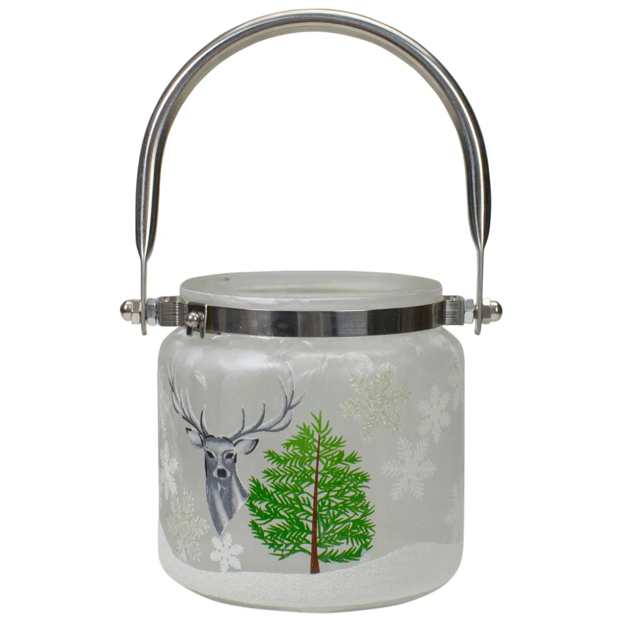 4" Deer, Pine and Snowflakes Hand Painted Flameless Glass Candle Lantern