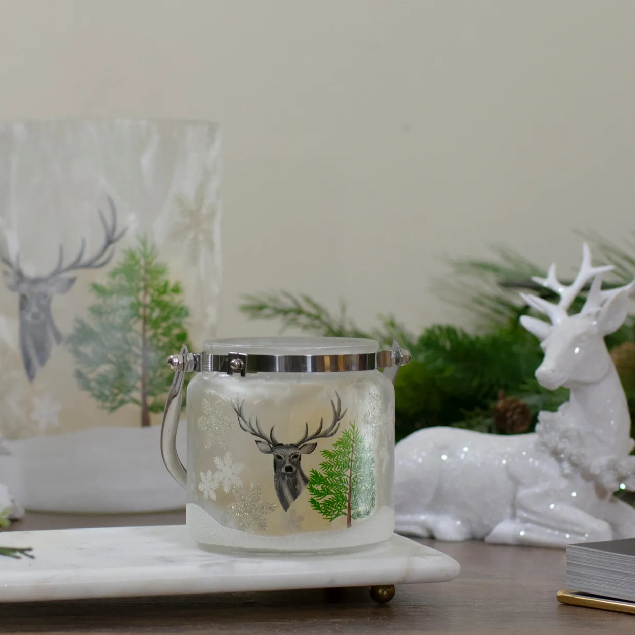 4" Deer, Pine and Snowflakes Hand Painted Flameless Glass Candle Lantern