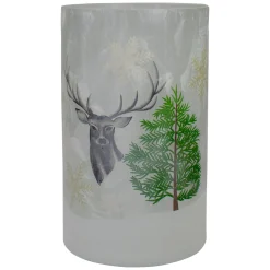 10" Deer, Pine and Snowflakes Hand Painted Flameless Glass Christmas Candle Holder