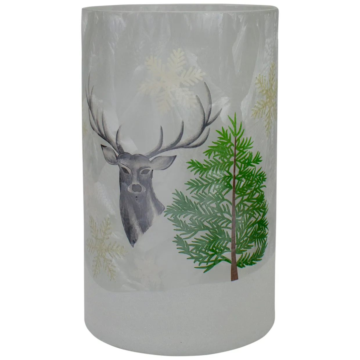 10" Deer, Pine and Snowflakes Hand Painted Flameless Glass Christmas Candle Holder