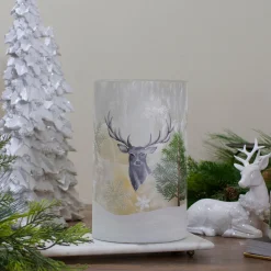 10" Deer, Pine and Snowflakes Hand Painted Flameless Glass Christmas Candle Holder