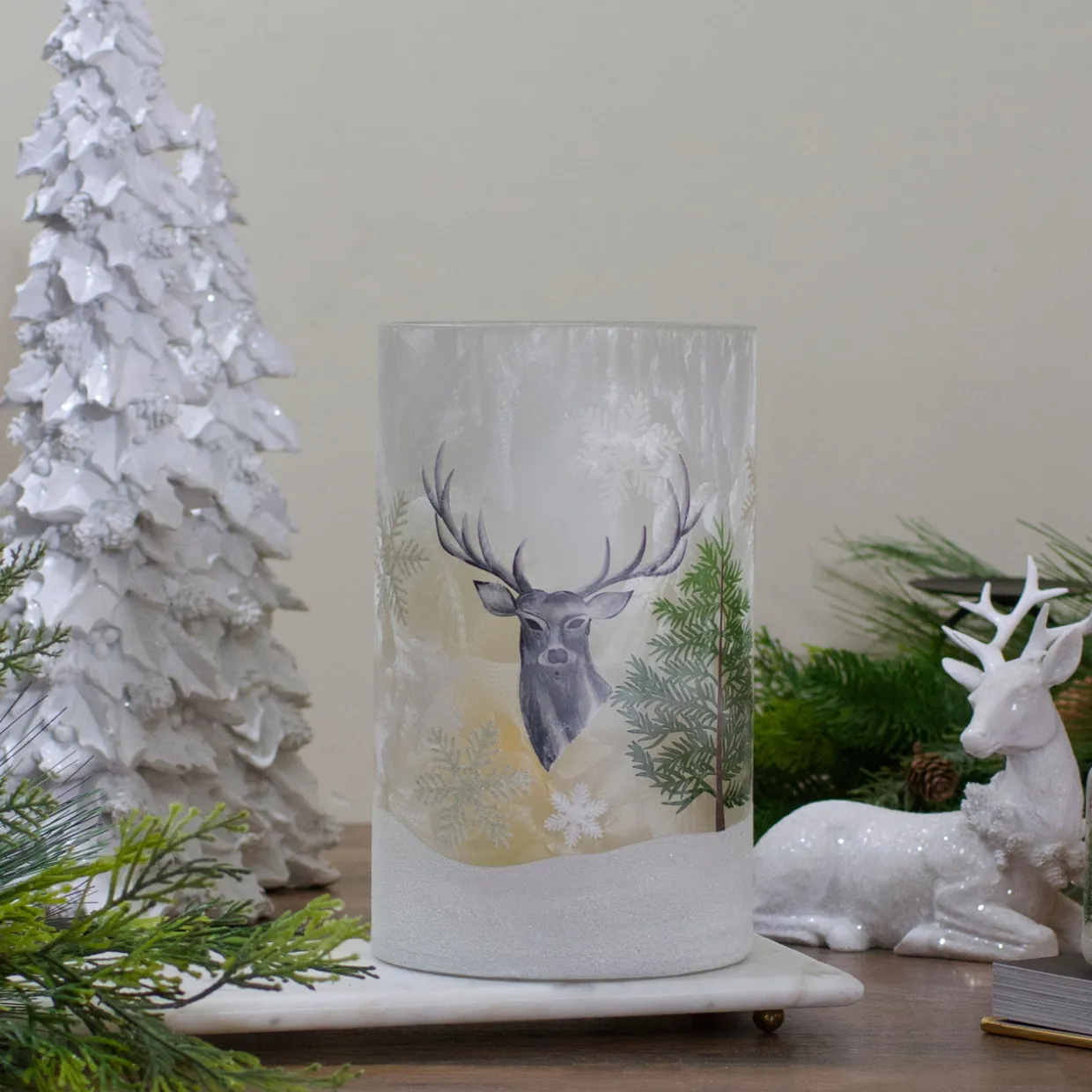 10" Deer, Pine and Snowflakes Hand Painted Flameless Glass Christmas Candle Holder