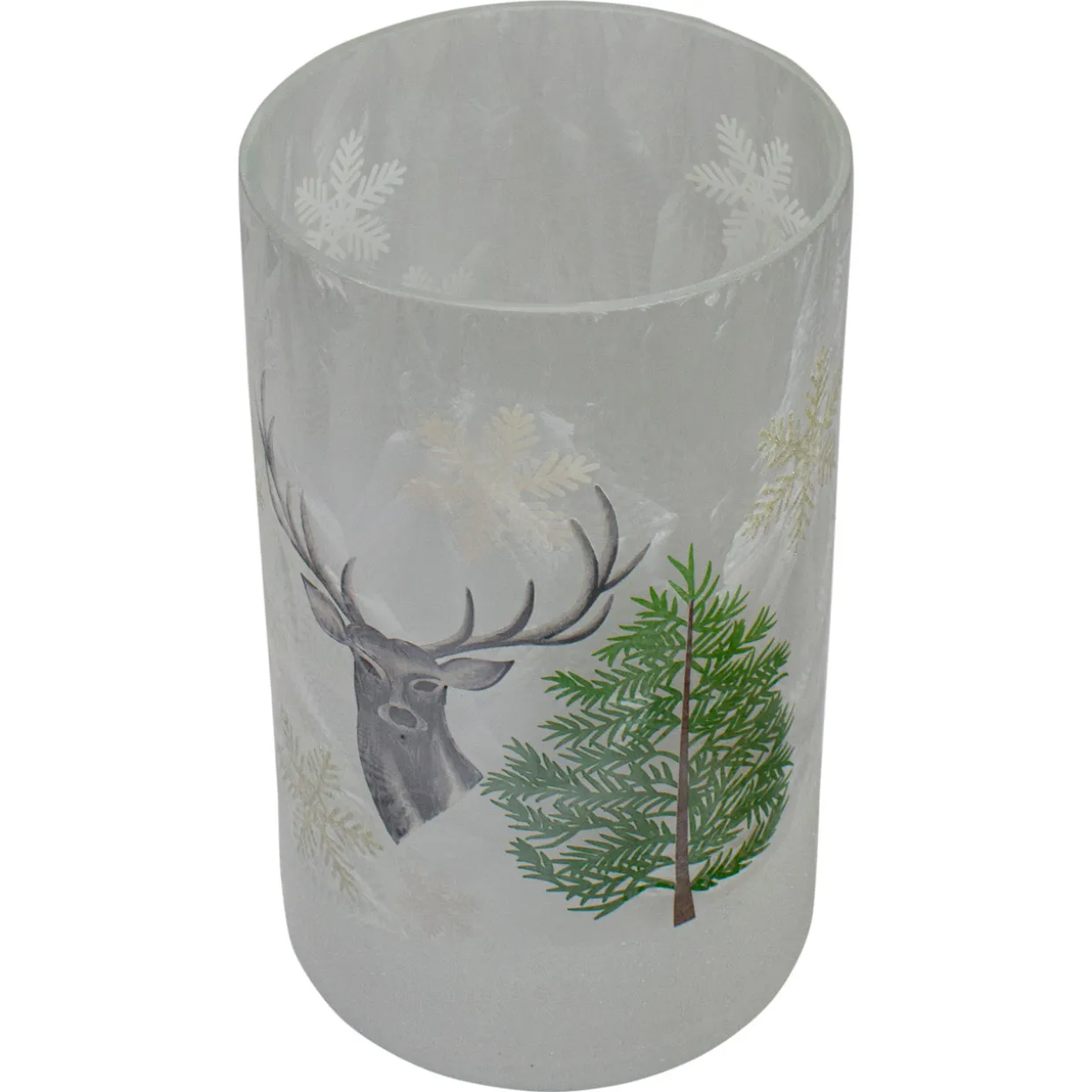 10" Deer, Pine and Snowflakes Hand Painted Flameless Glass Christmas Candle Holder