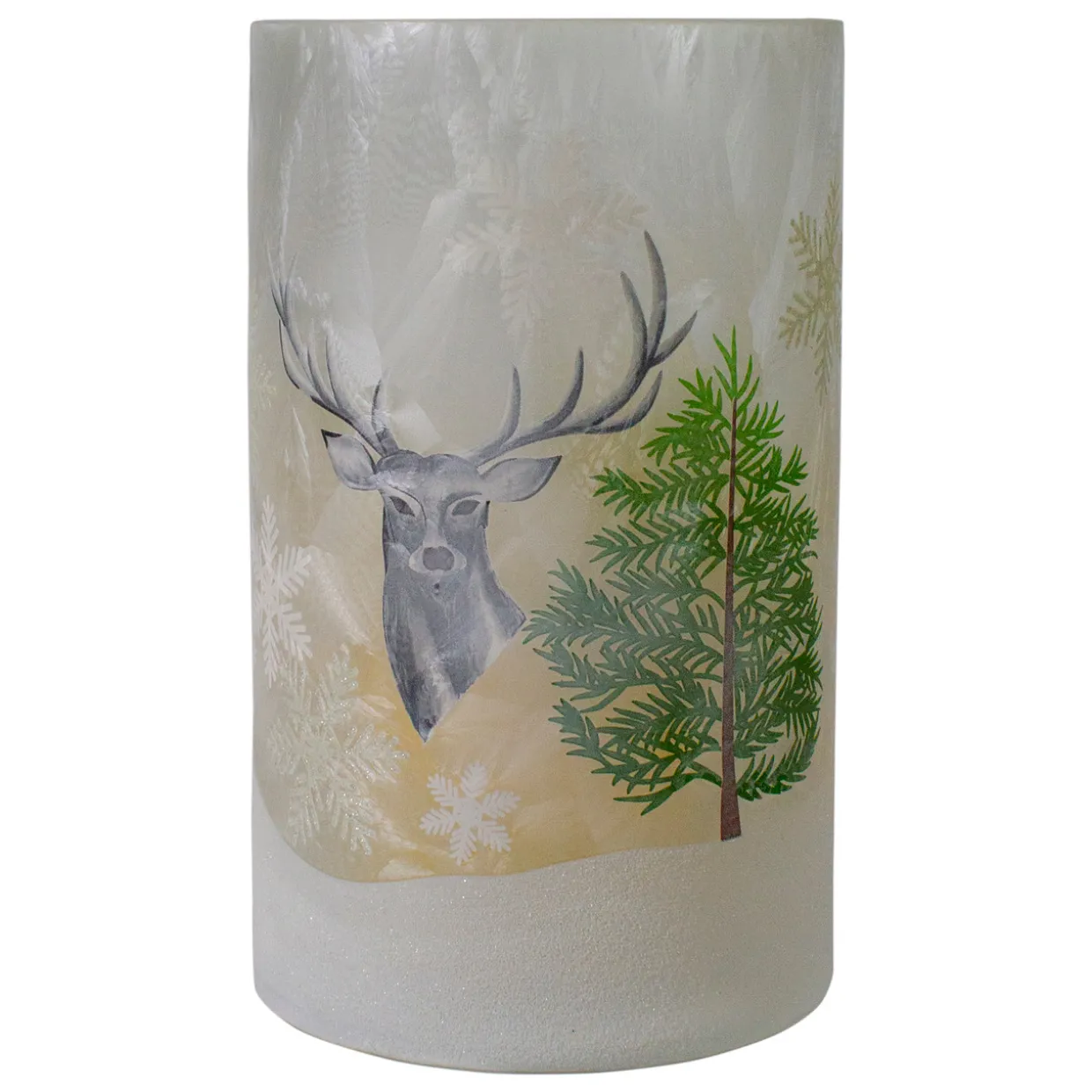 10" Deer, Pine and Snowflakes Hand Painted Flameless Glass Christmas Candle Holder