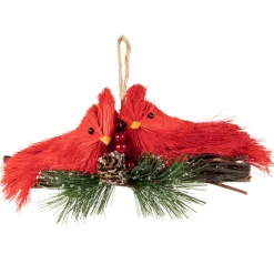 8" Double Cardinal and Pine Needle Branch Hanging Christmas Ornament