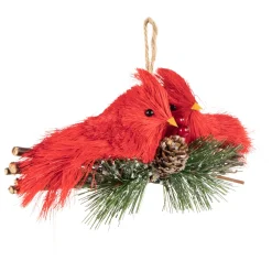 8" Double Cardinal and Pine Needle Branch Hanging Christmas Ornament