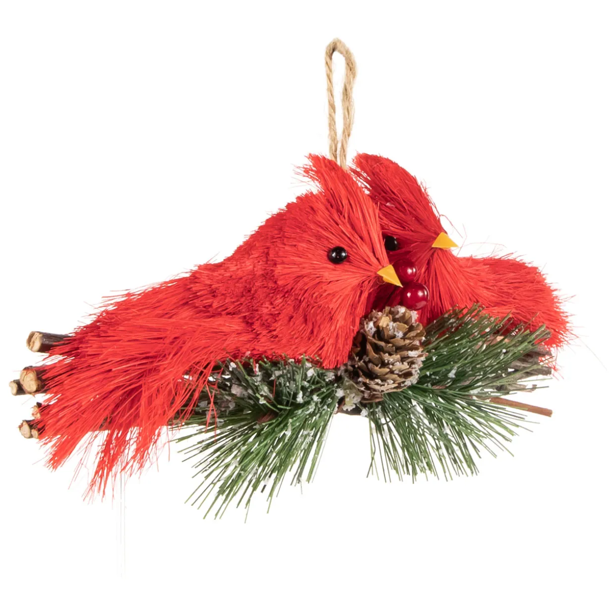8" Double Cardinal and Pine Needle Branch Hanging Christmas Ornament
