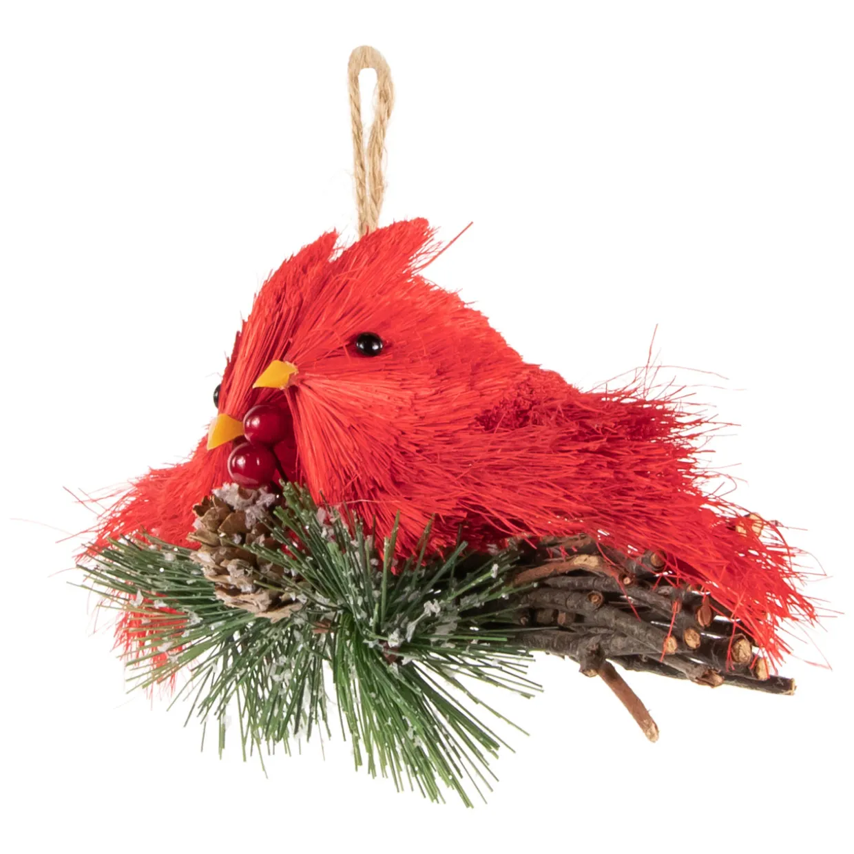 8" Double Cardinal and Pine Needle Branch Hanging Christmas Ornament