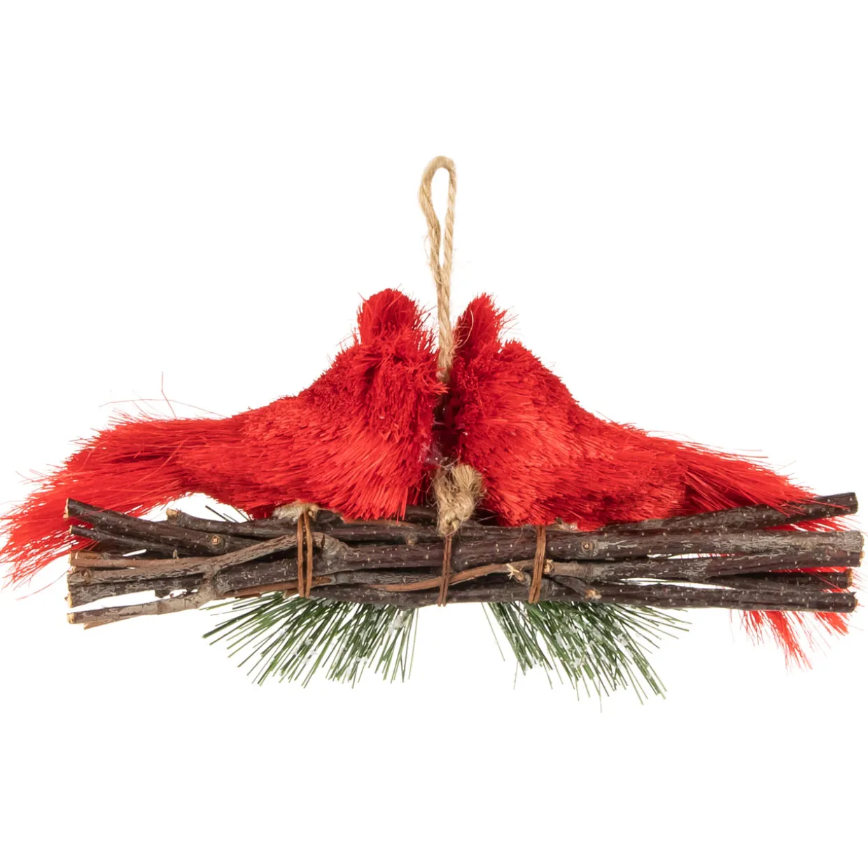 8" Double Cardinal and Pine Needle Branch Hanging Christmas Ornament
