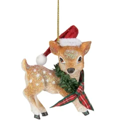 3" Fawn Reindeer Wearing Santa Hat and Plaid Bow Christmas Ornament