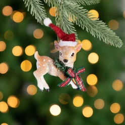 3" Fawn Reindeer Wearing Santa Hat and Plaid Bow Christmas Ornament