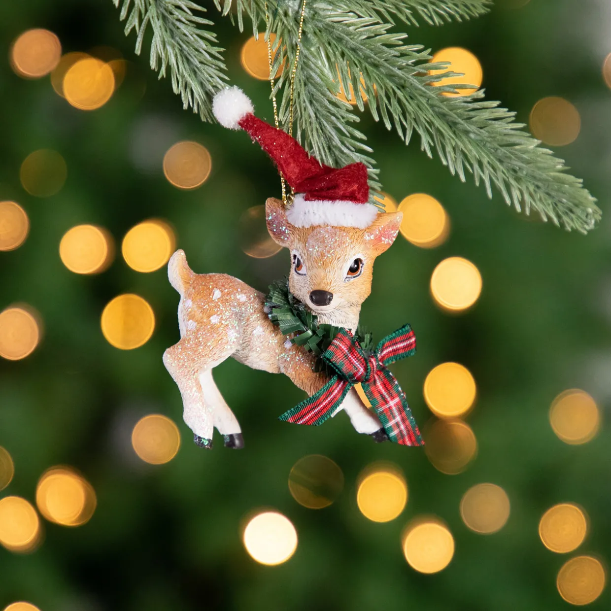 3" Fawn Reindeer Wearing Santa Hat and Plaid Bow Christmas Ornament