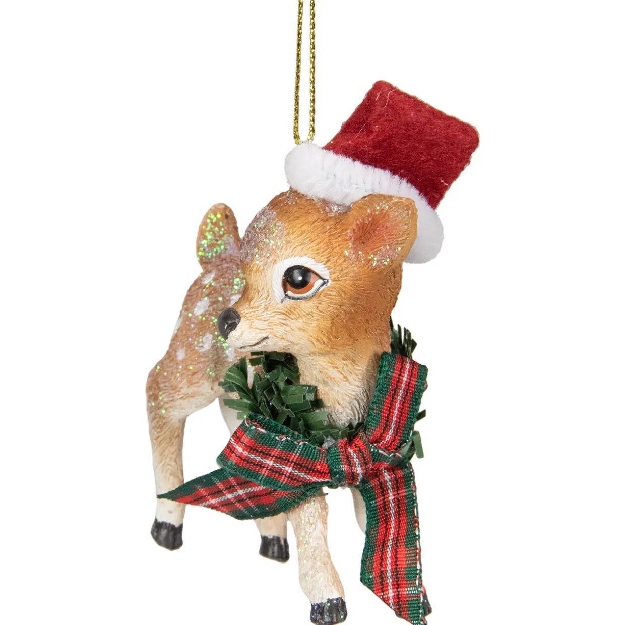 3" Fawn Reindeer Wearing Santa Hat and Plaid Bow Christmas Ornament