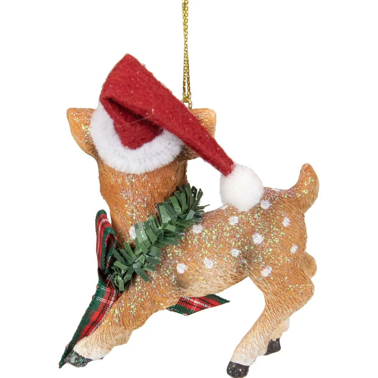 3" Fawn Reindeer Wearing Santa Hat and Plaid Bow Christmas Ornament