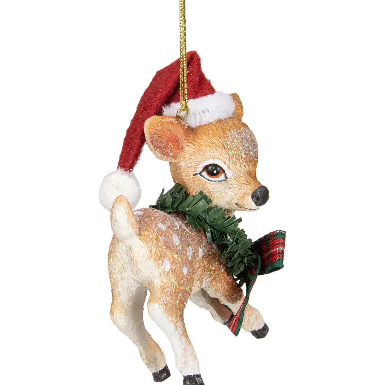 3" Fawn Reindeer Wearing Santa Hat and Plaid Bow Christmas Ornament