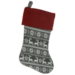 19" Festive Grey, White and Red Snowflakes & Reindeer Knit Christmas Stocking