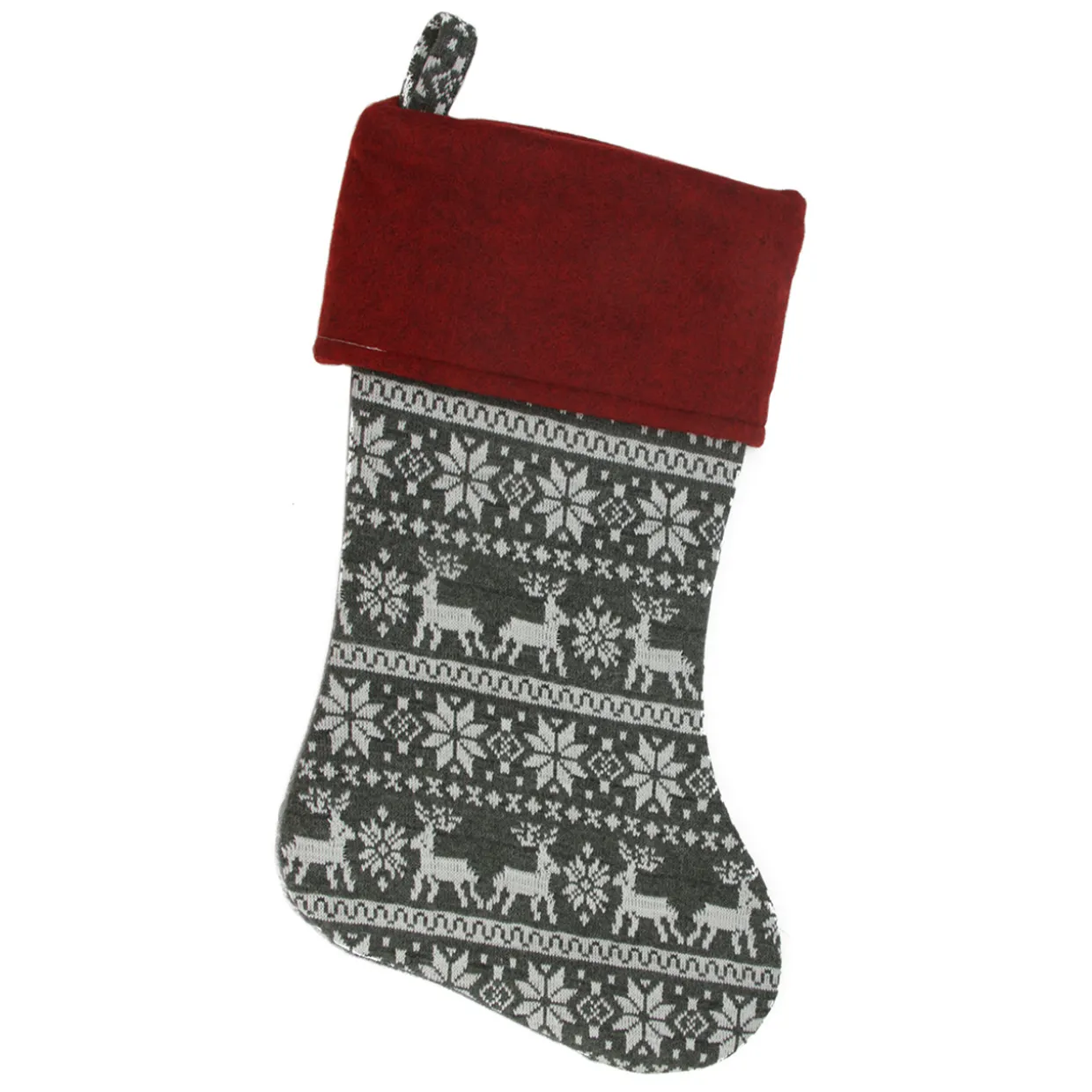 19" Festive Grey, White and Red Snowflakes & Reindeer Knit Christmas Stocking