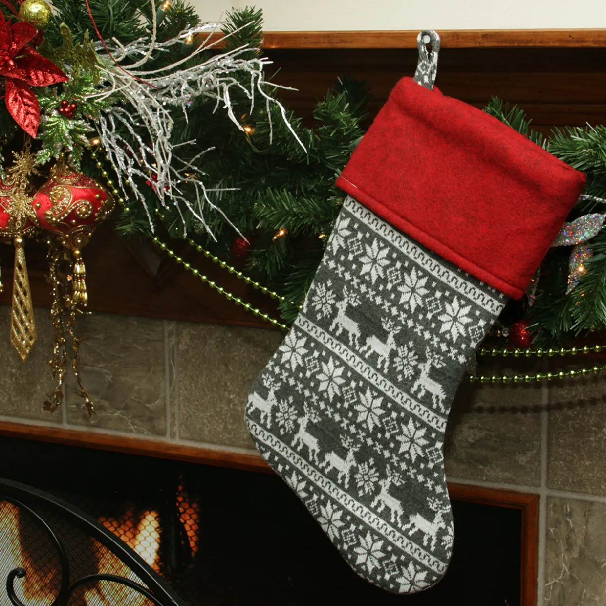 19" Festive Grey, White and Red Snowflakes & Reindeer Knit Christmas Stocking