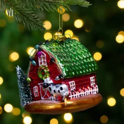 4" Festive Red and Green Barn with Roof Glass Christmas Ornament