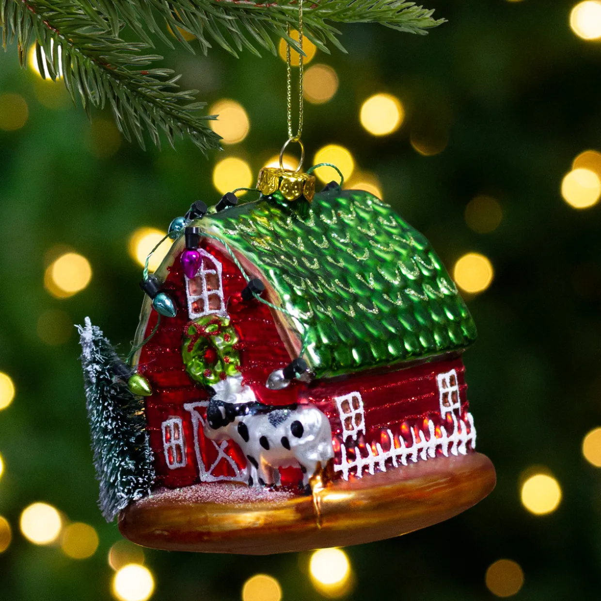 4" Festive Red and Green Barn with Roof Glass Christmas Ornament