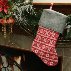 19" Festive Red, White and Grey Poinsettia Style Snowflake Motif Sweater Knit Christmas Stocking