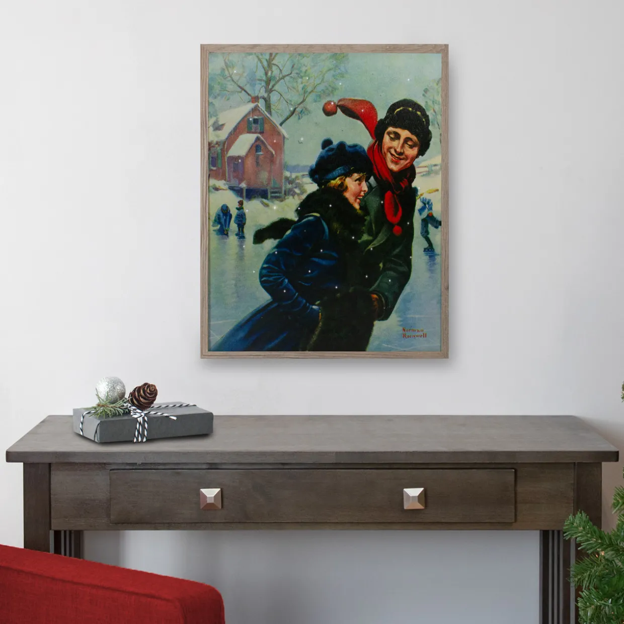 19" Fiber Optic Norman Rockwell 'Couple Ice Skating' Christmas Wall Art