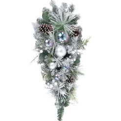 30" Flocked Pine Artificial Christmas Teardrop Swag with Iridescent Ornaments - Unlit