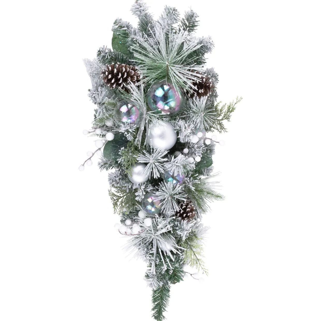 30" Flocked Pine Artificial Christmas Teardrop Swag with Iridescent Ornaments - Unlit