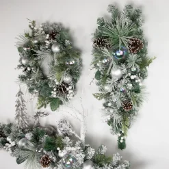 30" Flocked Pine Artificial Christmas Teardrop Swag with Iridescent Ornaments - Unlit