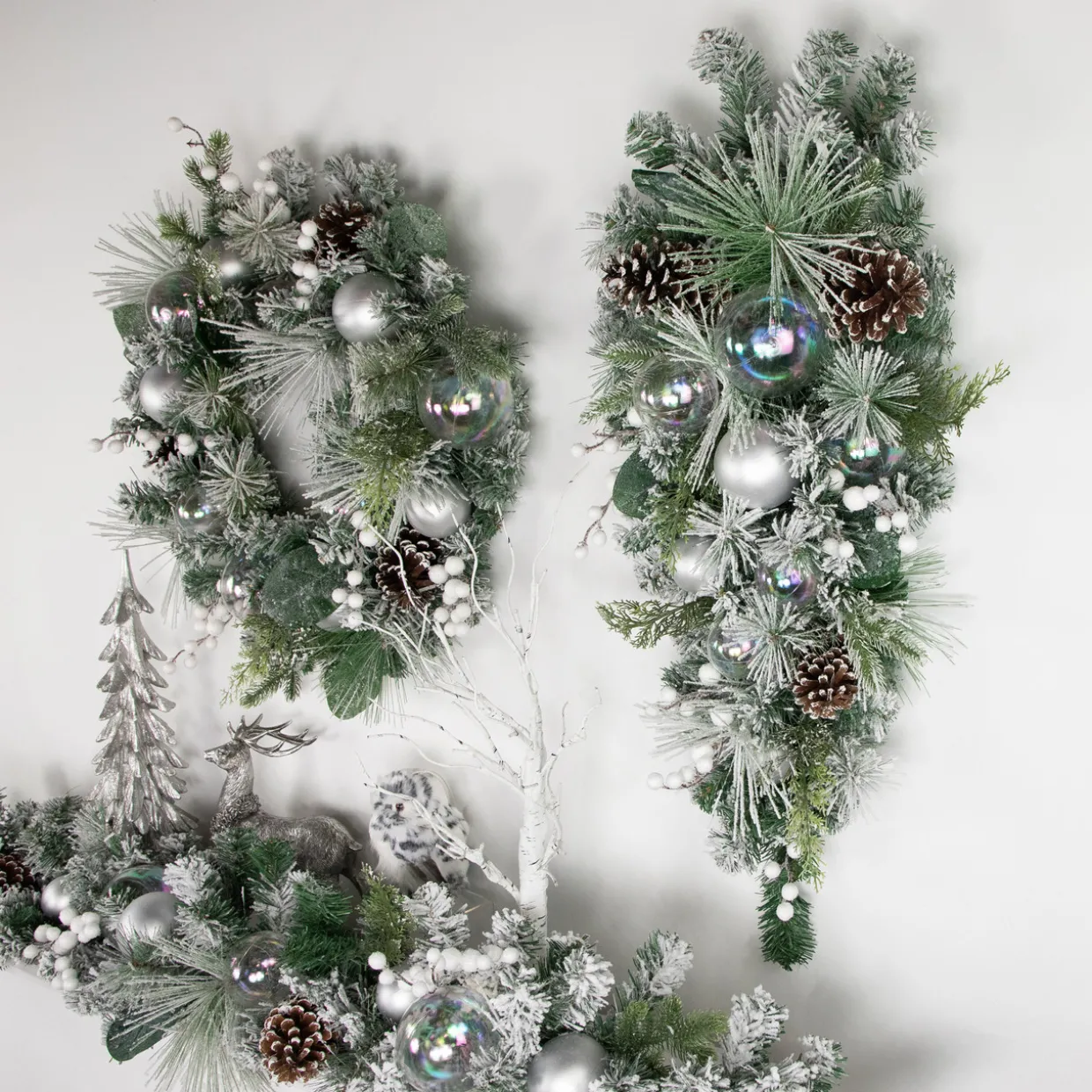 30" Flocked Pine Artificial Christmas Teardrop Swag with Iridescent Ornaments - Unlit