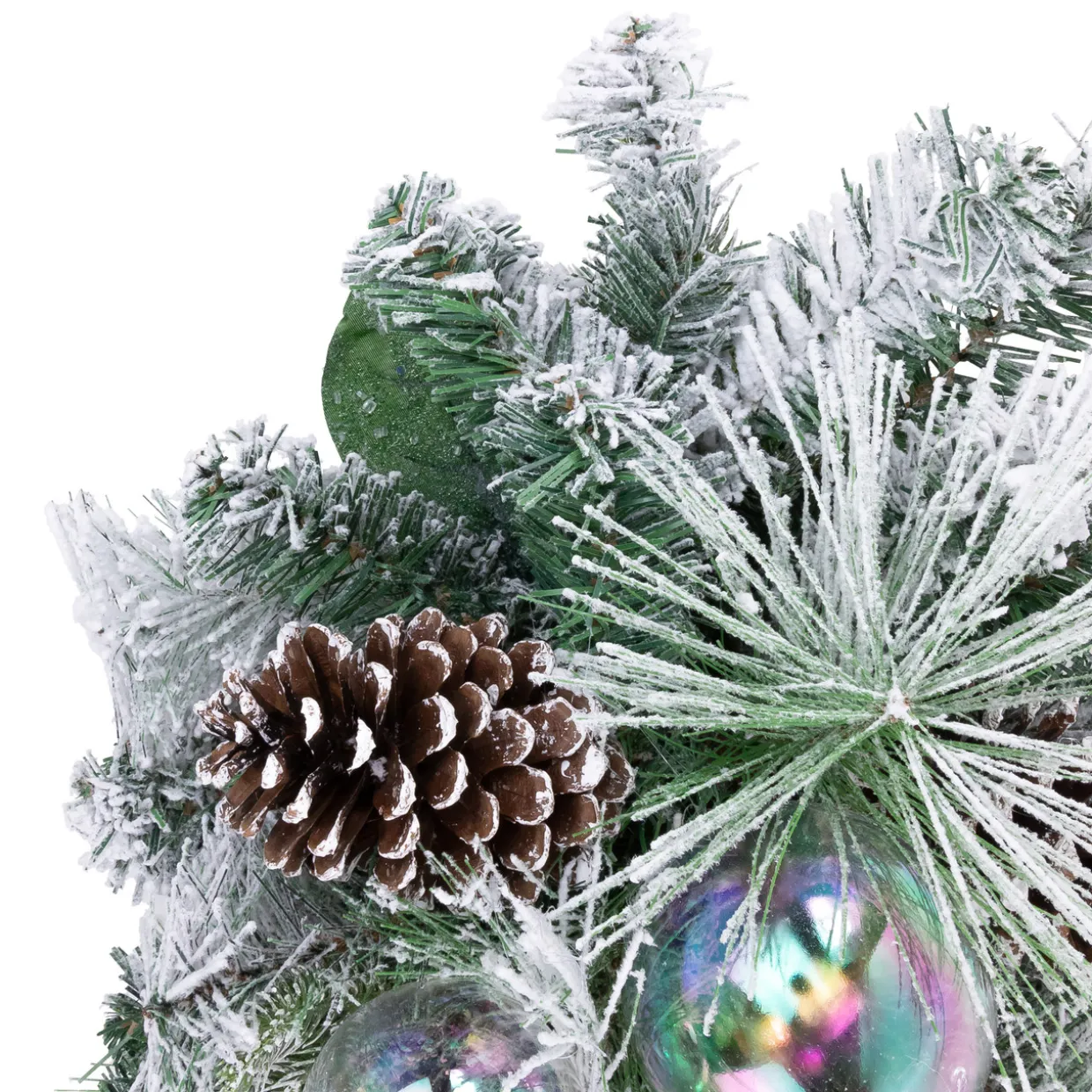 30" Flocked Pine Artificial Christmas Teardrop Swag with Iridescent Ornaments - Unlit