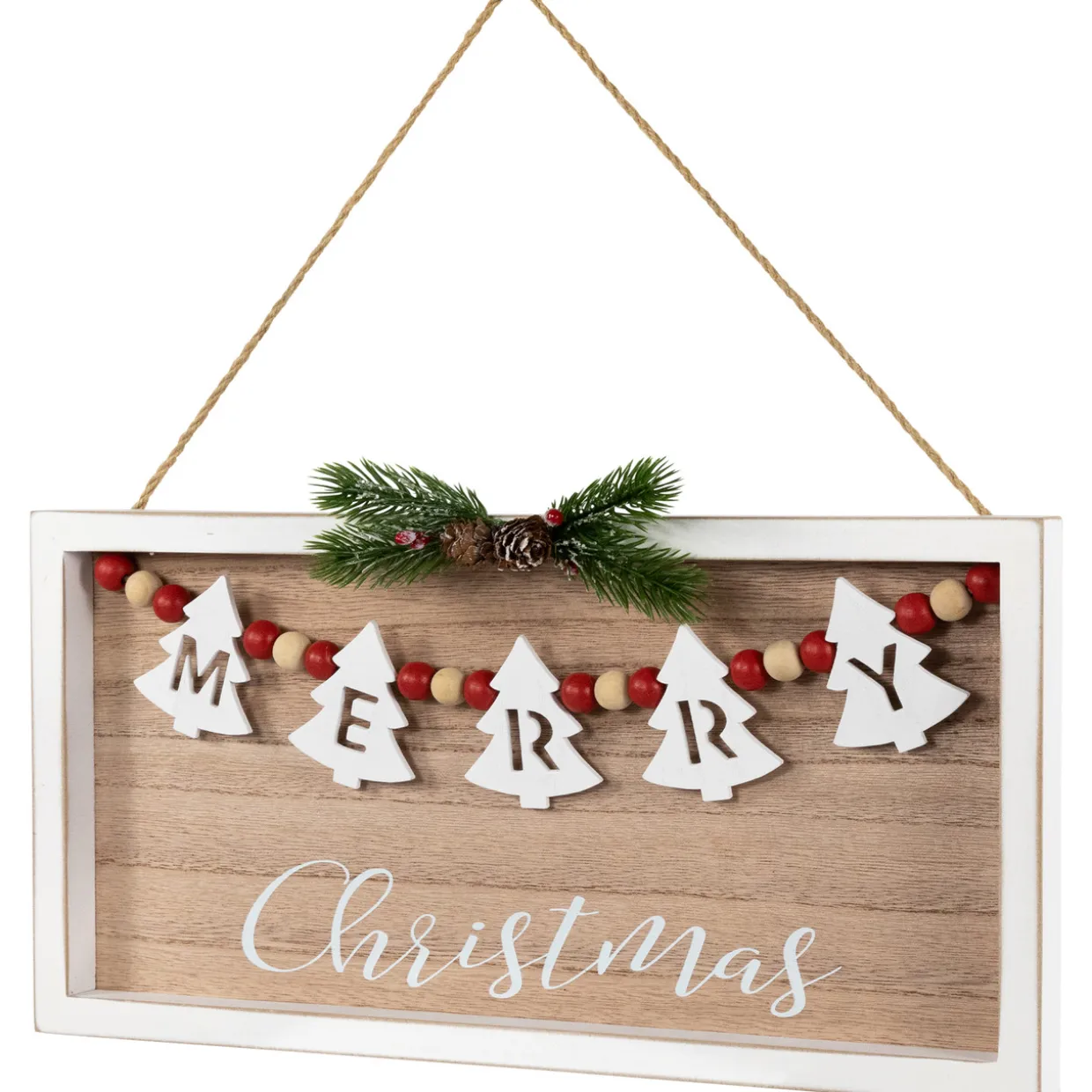 15.75" Framed Rustic "Merry Christmas" Beaded Wooden Wall Sign