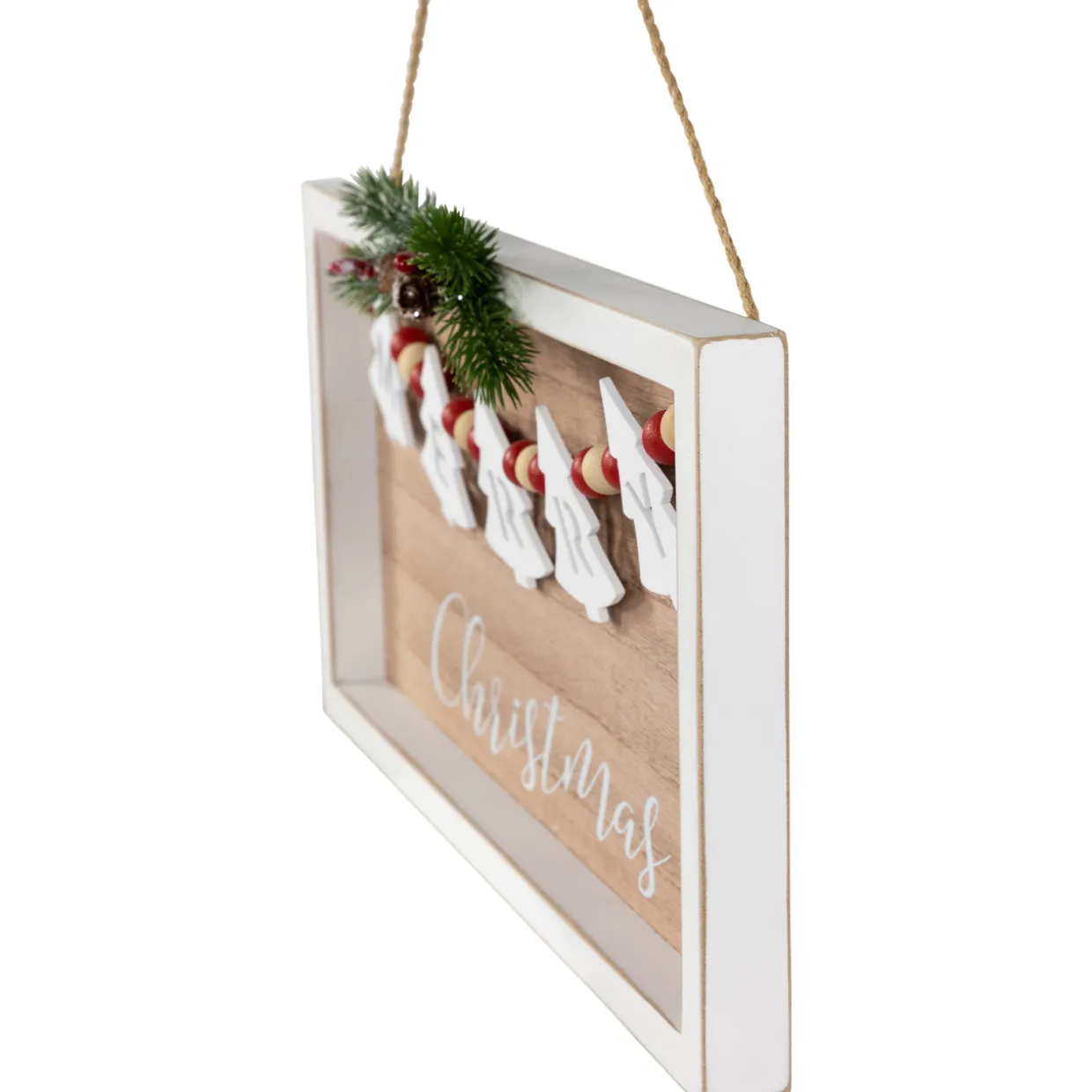 15.75" Framed Rustic "Merry Christmas" Beaded Wooden Wall Sign