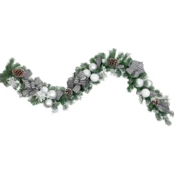 6' Frosted Pine Artificial Christmas Garland with Striped Bows and Ornaments