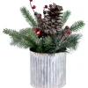 12" Frosted Pine, Berries and Pine Cones Floral Arrangement in Tin Pot