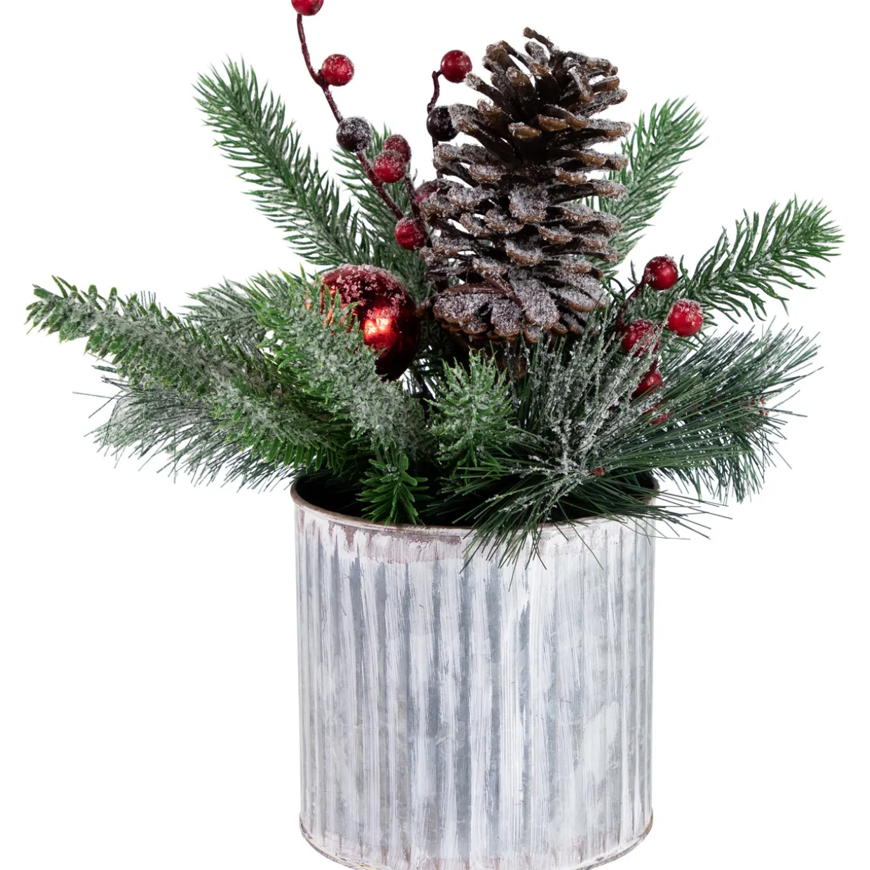 12" Frosted Pine, Berries and Pine Cones Floral Arrangement in Tin Pot