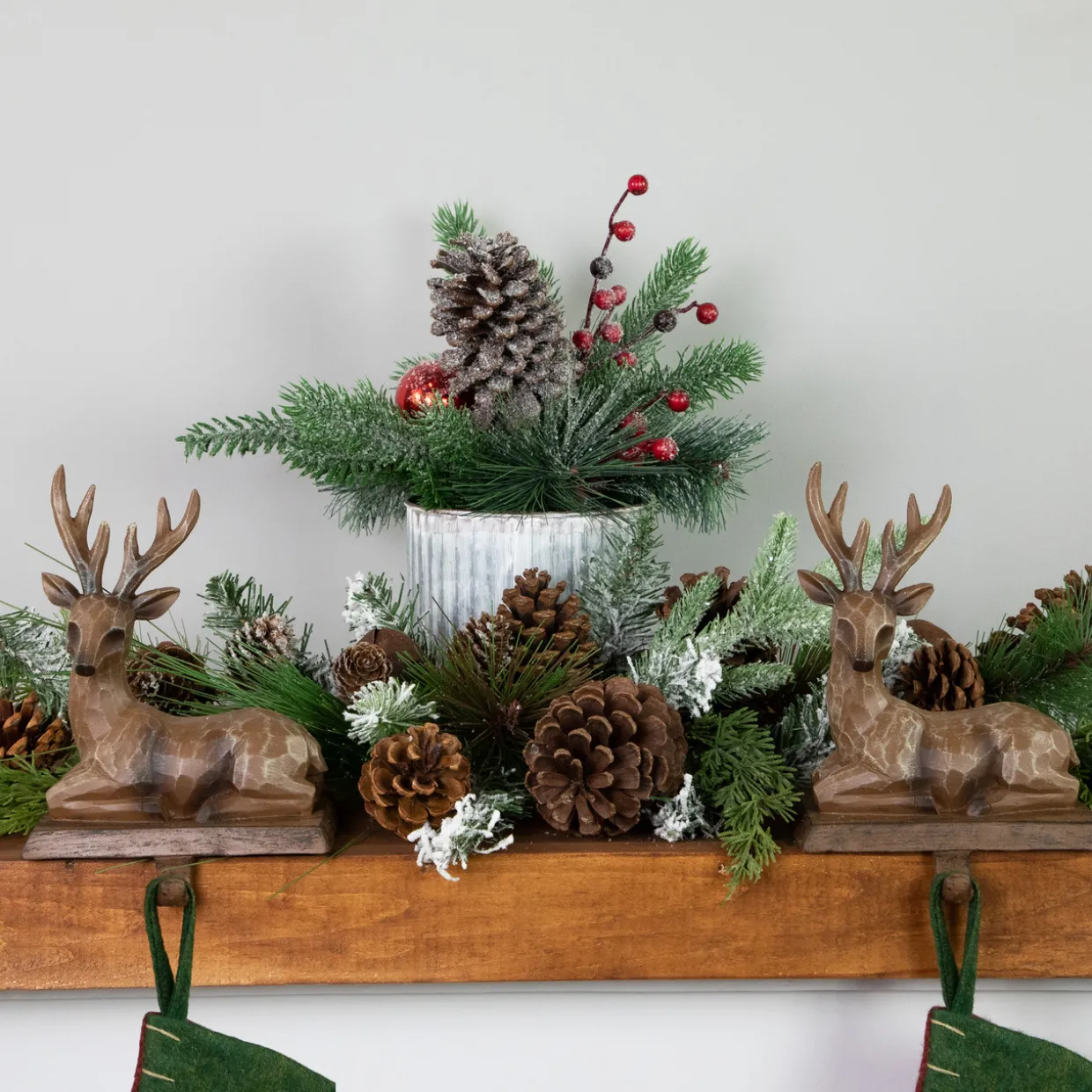 12" Frosted Pine, Berries and Pine Cones Floral Arrangement in Tin Pot