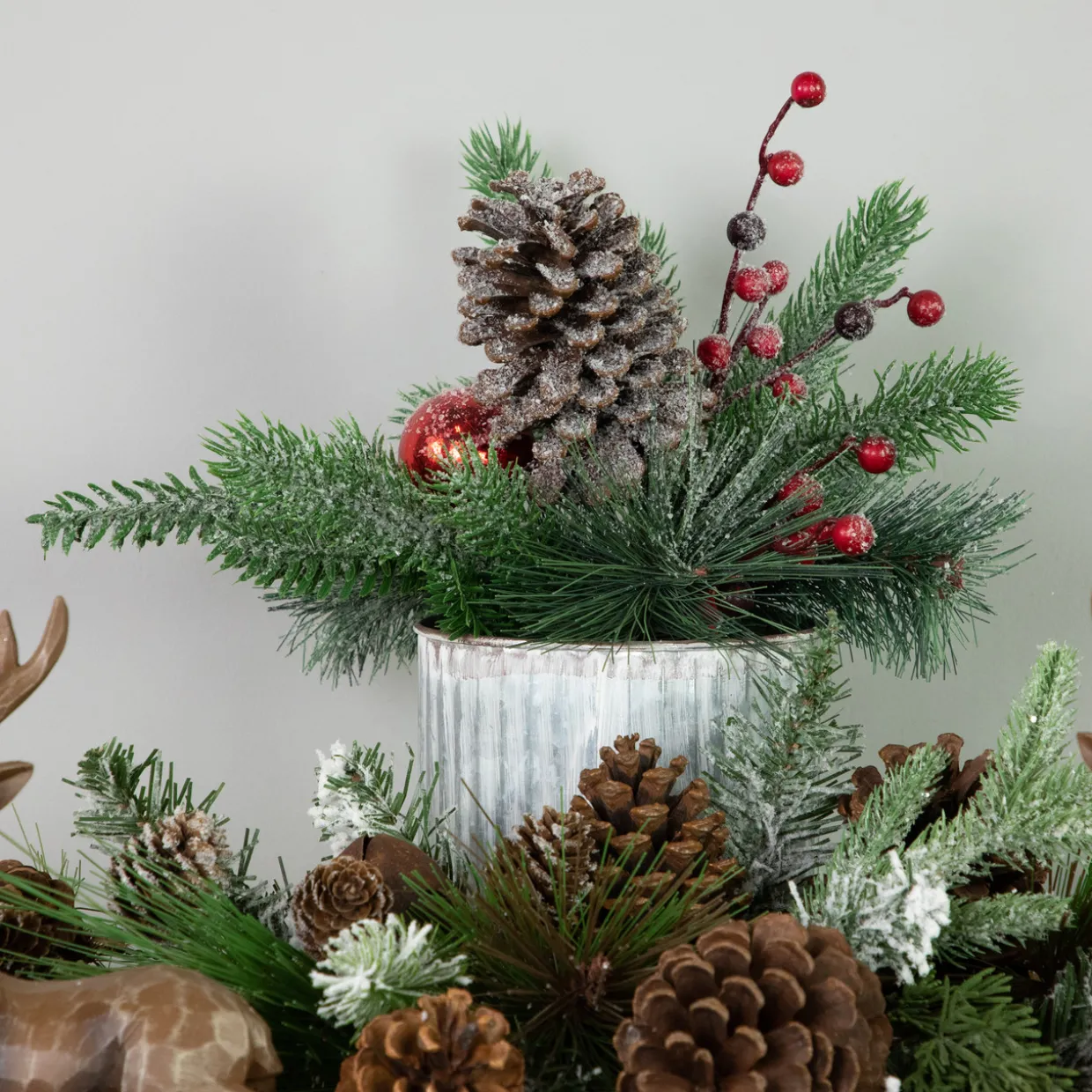12" Frosted Pine, Berries and Pine Cones Floral Arrangement in Tin Pot