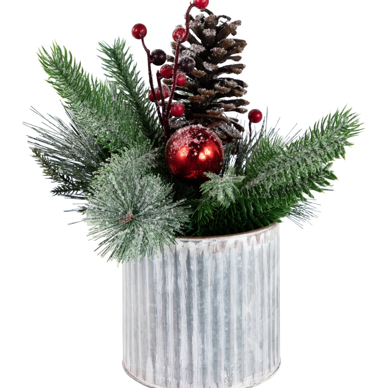12" Frosted Pine, Berries and Pine Cones Floral Arrangement in Tin Pot