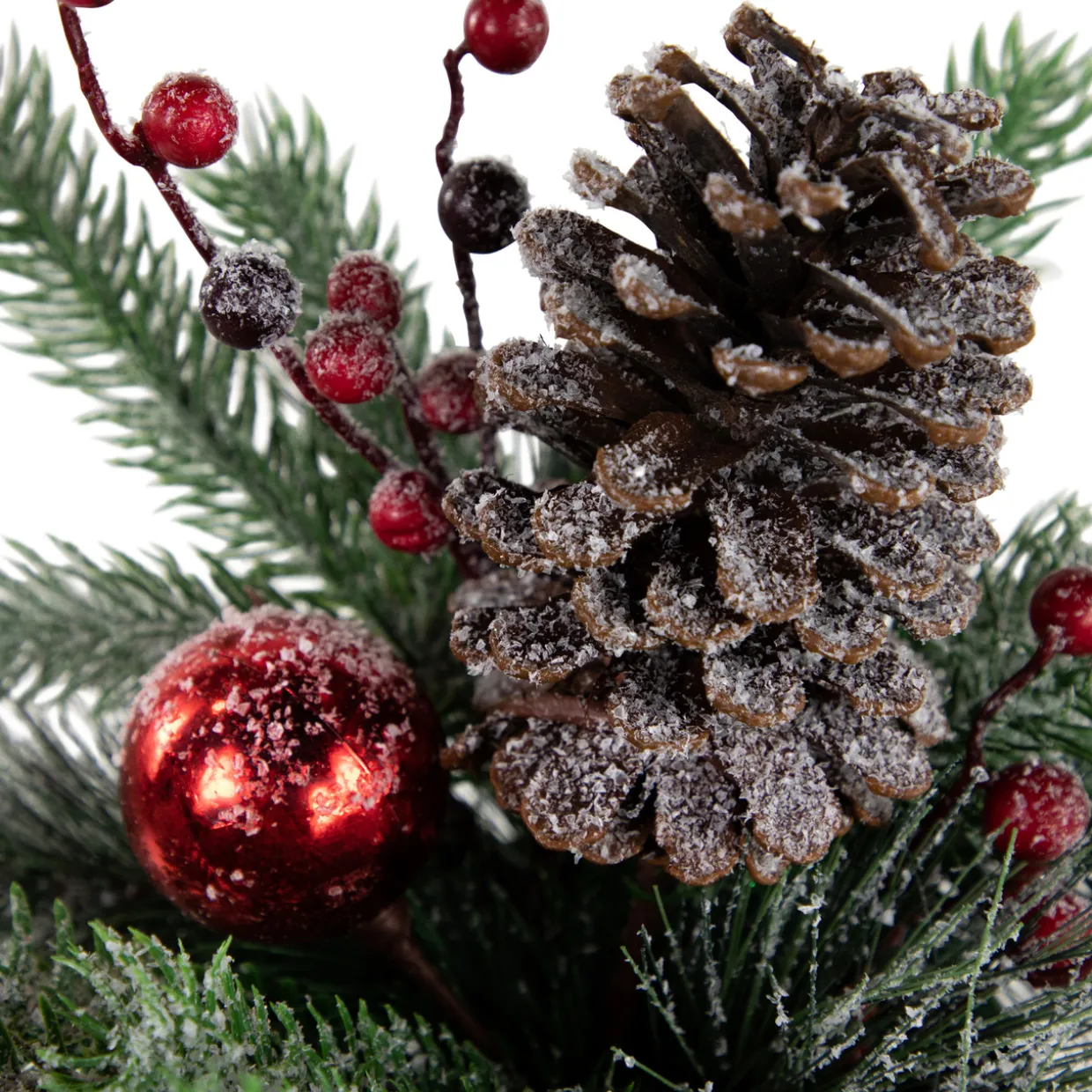 12" Frosted Pine, Berries and Pine Cones Floral Arrangement in Tin Pot