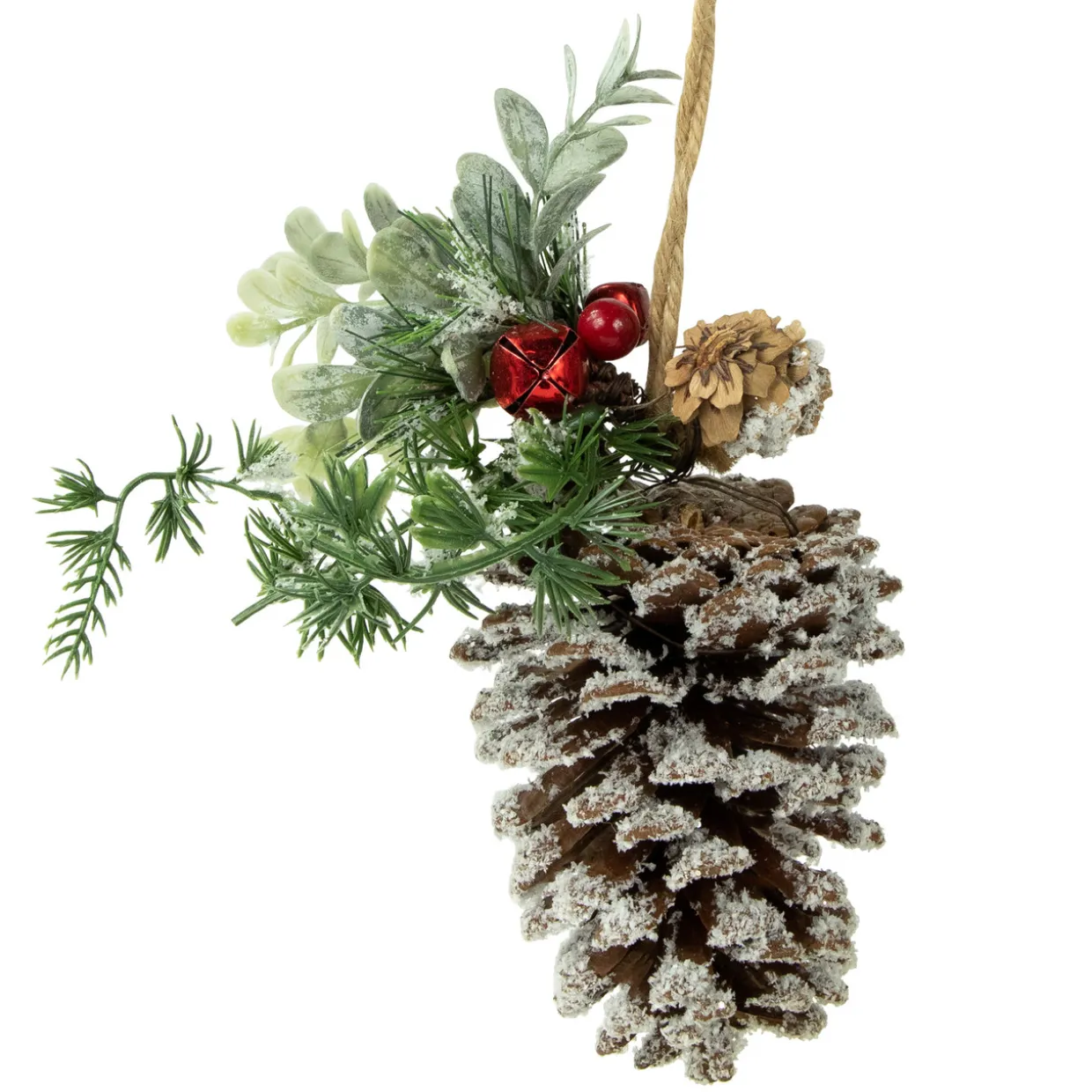 13" Frosted Pine Cone with Mixed Foliage Christmas Ornament